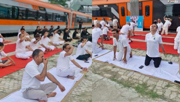 बडगाम स्टेशन पर खड़ी चमचमाती वंदे भारत एक्सप्रेस के सामने हुआ योगाभ्यास, कश्मीर घाटी के रेलवे चीफ एरिया मैनेजर भी हुए शामिल