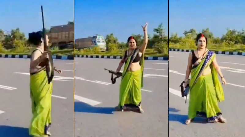 कन्नौज: NH-34 पर रायफल हाथ में लेकर महिला ने बनाई रील, वीडियो हुआ वायरल