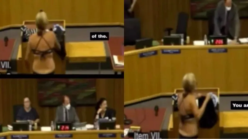 चल रही थी स्कूल की मीटिंग, तभी महिला ने एक-एक कर उतारे अपने कपड़े, फिर देने लगी बिकनी में भाषण, VIDEO वायरल